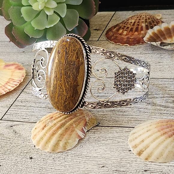 Wide Silver Cuff, Ancient Echoes Miriam Stone Cuff Bracelet - Picture 6 of 10